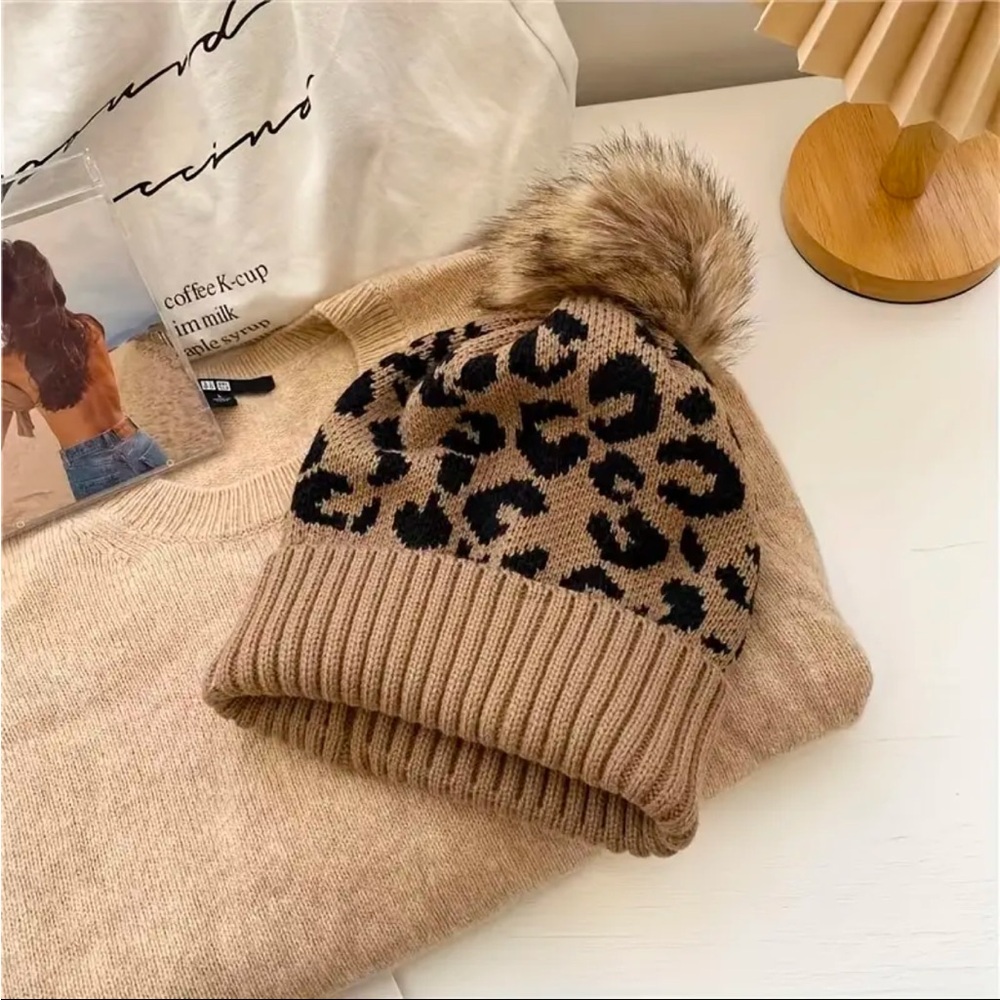 Leopard Print Knit Beanie Faux Fur Pom Neutral Tan Winter Hat NWT